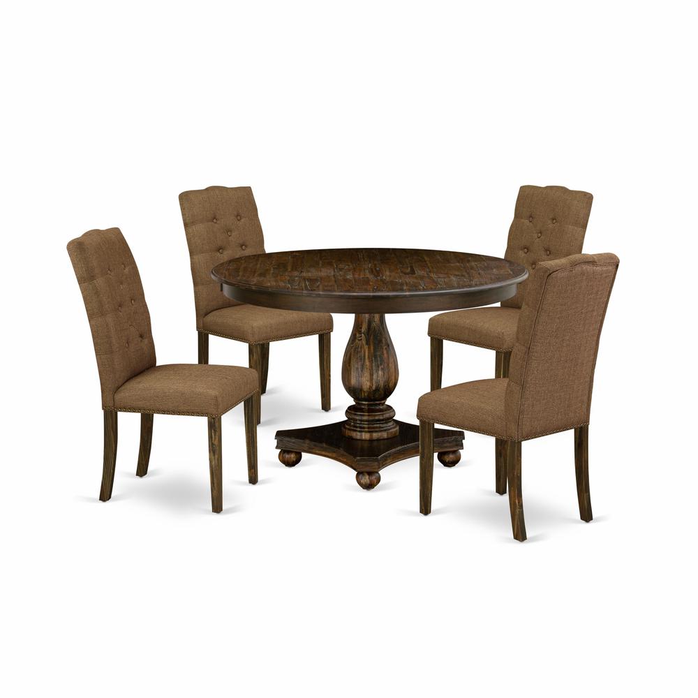 East West Furniture 5 Piece Table Set Consists of a Dining Room Table and 4 Brown Linen Fabric Mid Century Chairs with Button Tufted Back - Distressed Jacobean Finish. Picture 1