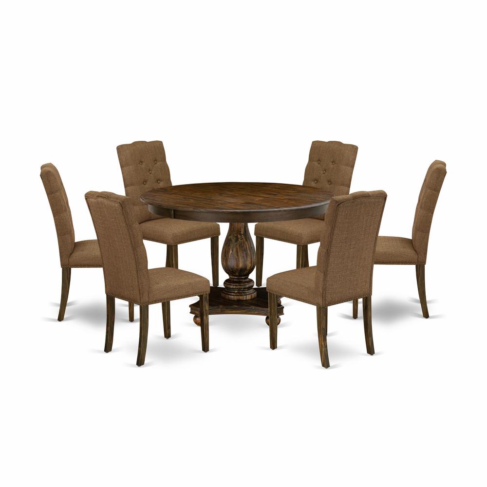 East West Furniture 7 Piece Modern Dining Table Set Consists of a Wooden Table and 6 Brown Linen Fabric Parson Chairs with Button Tufted Back - Distressed Jacobean Finish. Picture 1