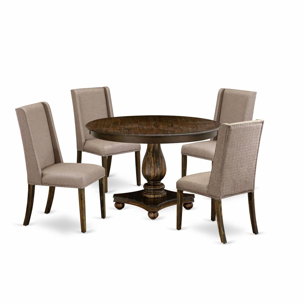 East West Furniture 5 Piece Dining Room Table Set Includes a Modern Dining Table and 4 Dark Khaki Linen Fabric Parson Chairs with High Back - Distressed Jacobean Finish. Picture 1