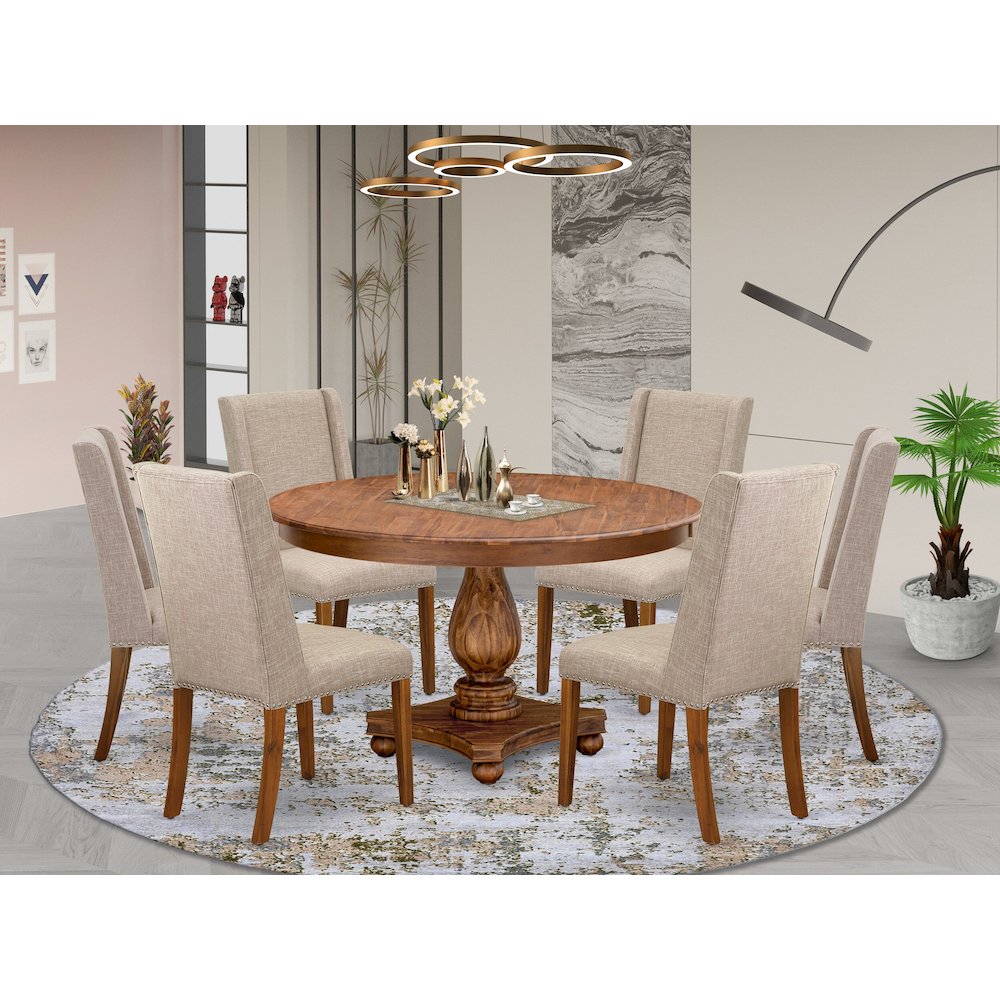 7-Piece Dining Table Set A Wooden Dining Table, 6 Light Tan Fabric Parsons Chair. Picture 2