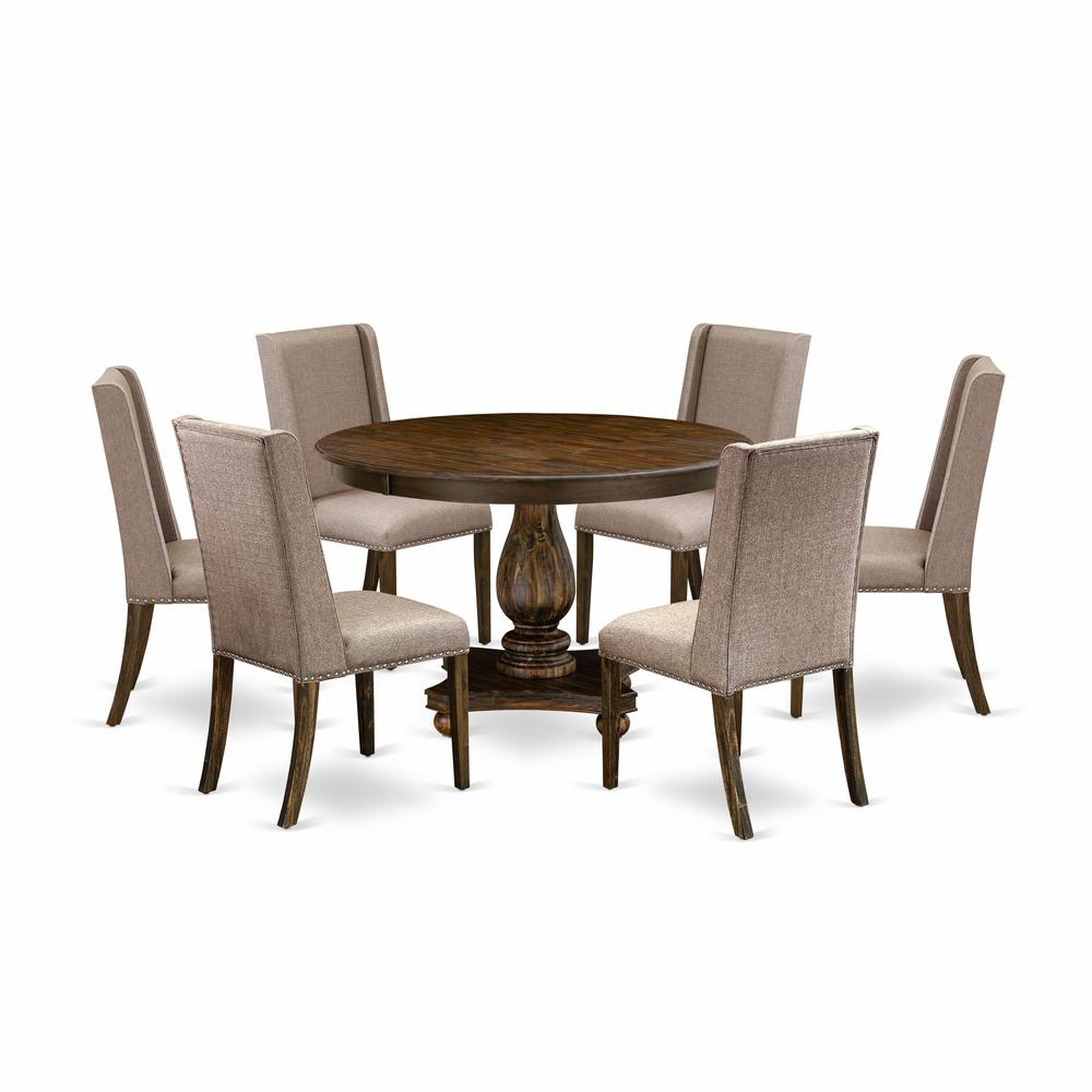 East West Furniture 7 Piece Modern Dining Set Contains a Dining Room Table and 6 Dark Khaki Linen Fabric Parson Chairs with High Back - Distressed Jacobean Finish. Picture 1