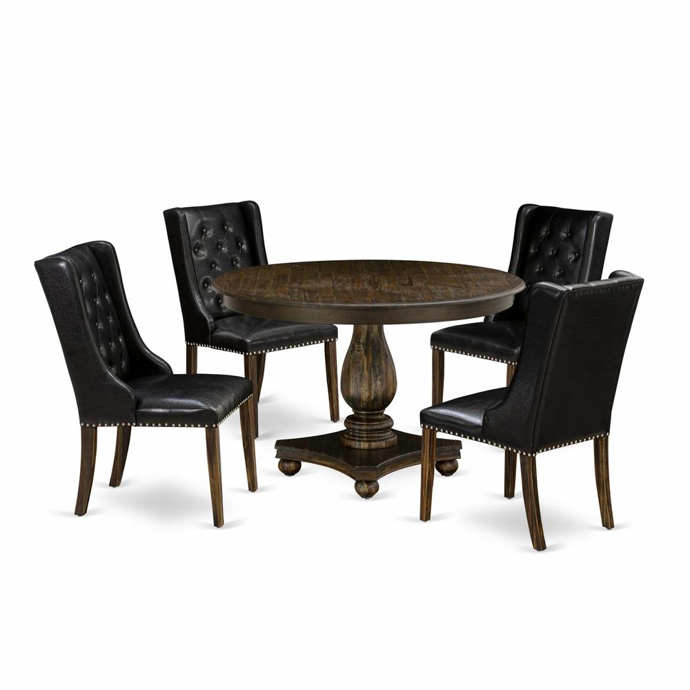 East West Furniture 5 Piece Dining Room Table Set Includes a Modern Dining Table and 4 Black PU Leather Kitchen Chairs with Button Tufted Back - Distressed Jacobean Finish. Picture 1