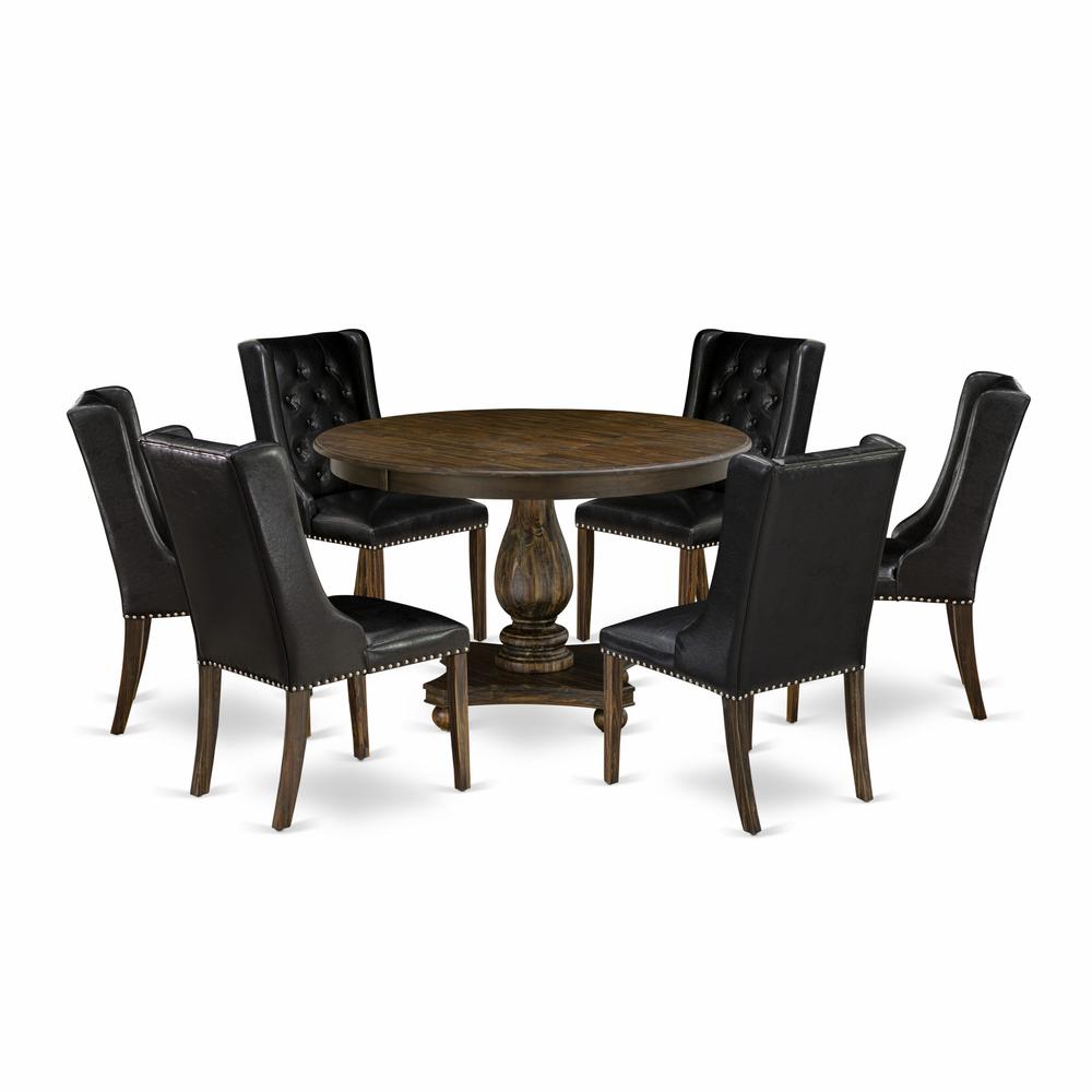 East West Furniture 7 Piece Kitchen Table Set Consists of a Modern Kitchen Table and 6 Black PU Leather Mid Century Chairs with Button Tufted Back - Distressed Jacobean Finish. Picture 1