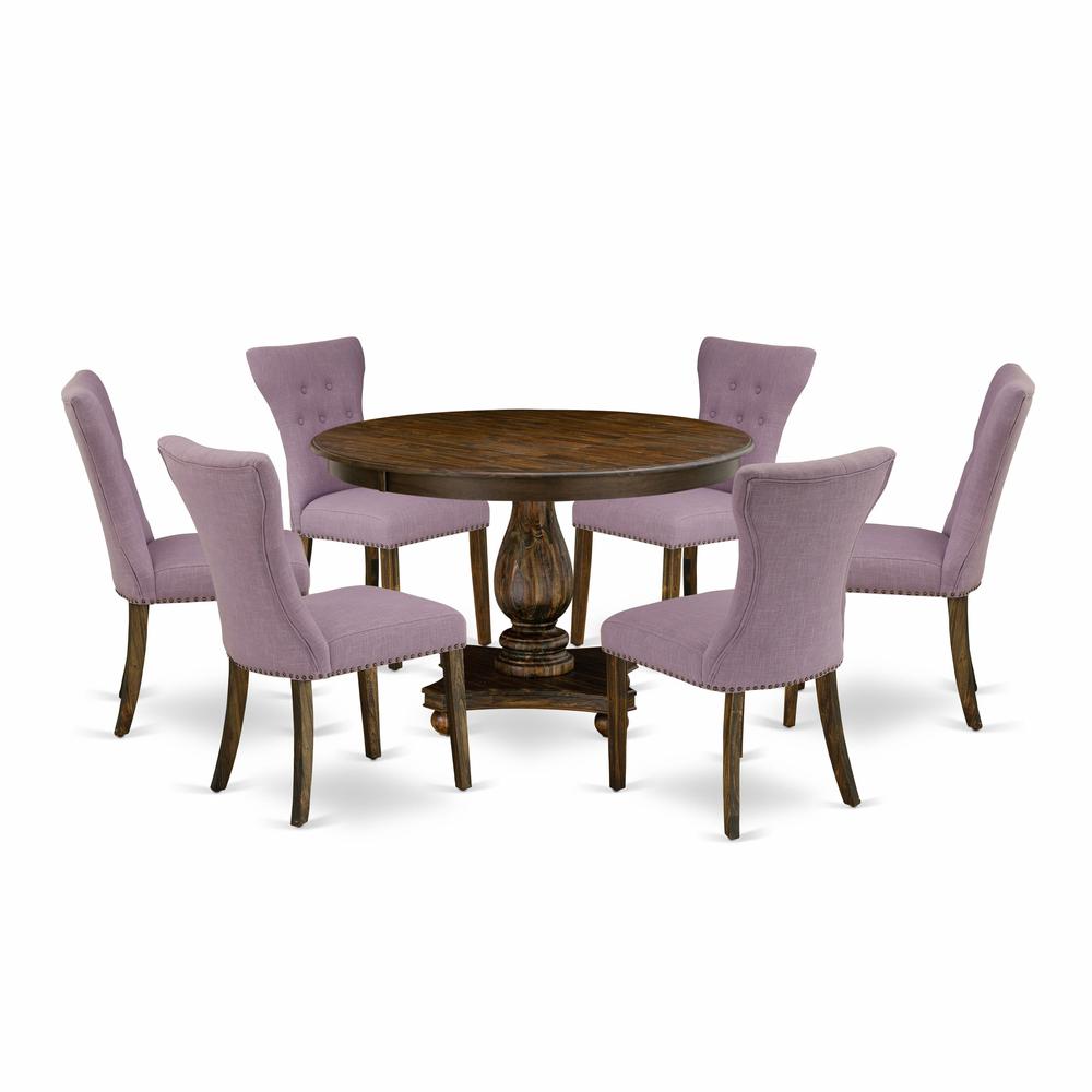 East West Furniture 7 Piece Dining Table Set Consists of a Wood Dining Table and 6 Dahlia Linen Fabric Mid Century Dining Chairs with Button Tufted Back - Distressed Jacobean Finish. Picture 1