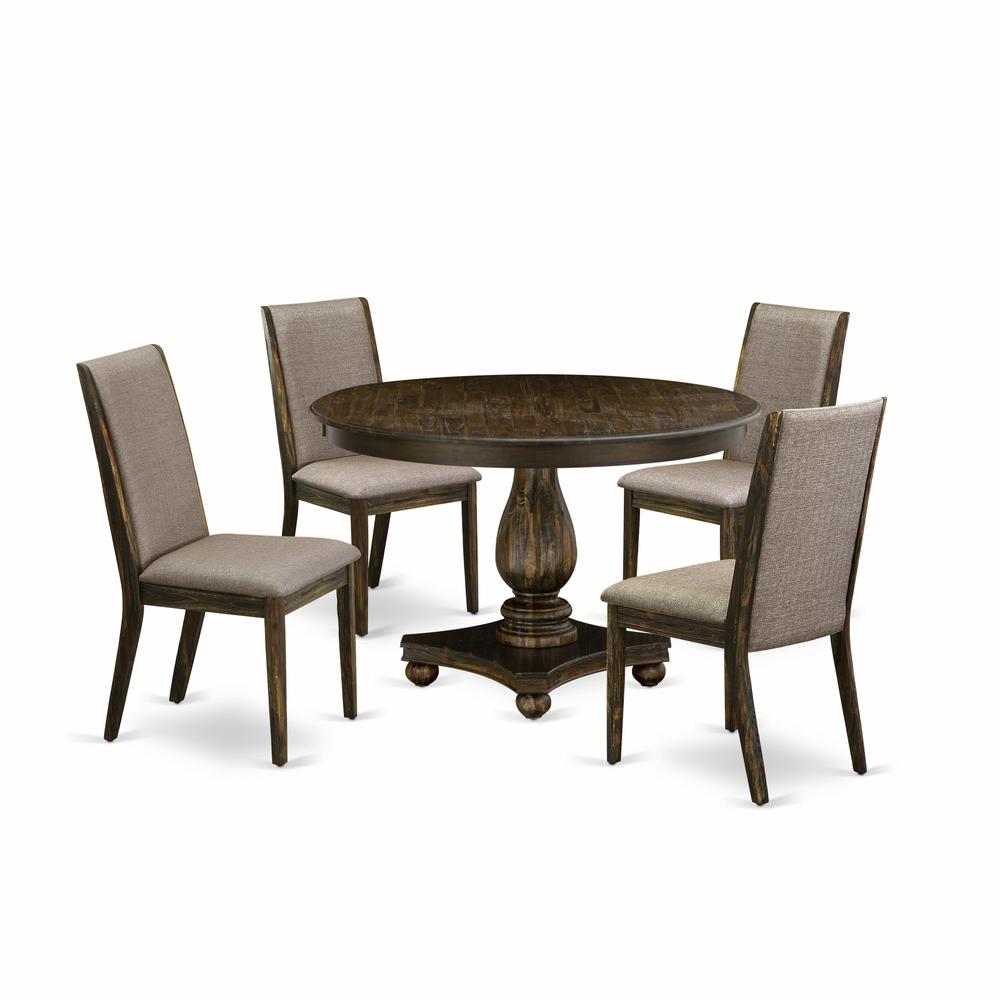 East West Furniture 5 Piece Dining Room Set Includes a Modern Dining Table and 4 Dark Khaki Linen Fabric Mid Century Dining Chairs with High Back - Distressed Jacobean Finish. Picture 1