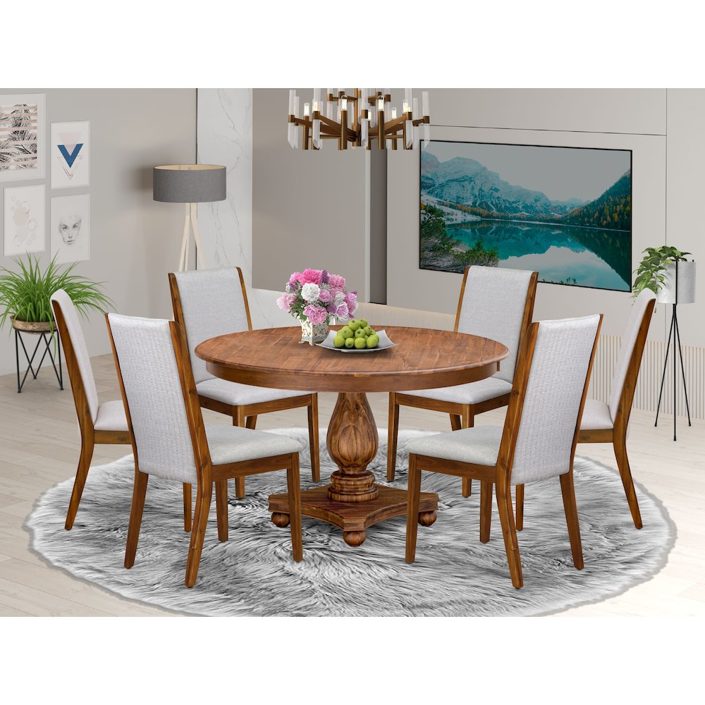 7-Piece Mid Century Modern Dining Table Set A Modern Table, 6 Grey Fabric Chairs. Picture 2