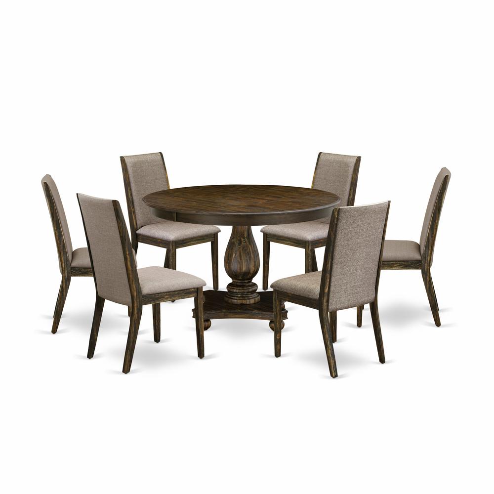 East West Furniture 7 Piece Dining Set Contains a Mid Century Modern Dining Table and 6 Dark Khaki Linen Fabric Dining Room Chairs with High Back - Distressed Jacobean Finish. Picture 1