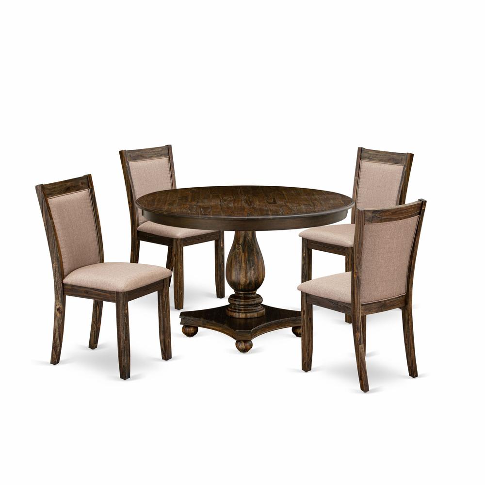 East West Furniture 5 Piece Dinner Table Set Includes a Kitchen Table and 4 Dark Khaki Linen Fabric Upholstered Dining Chairs with High Back - Distressed Jacobean Finish. Picture 1