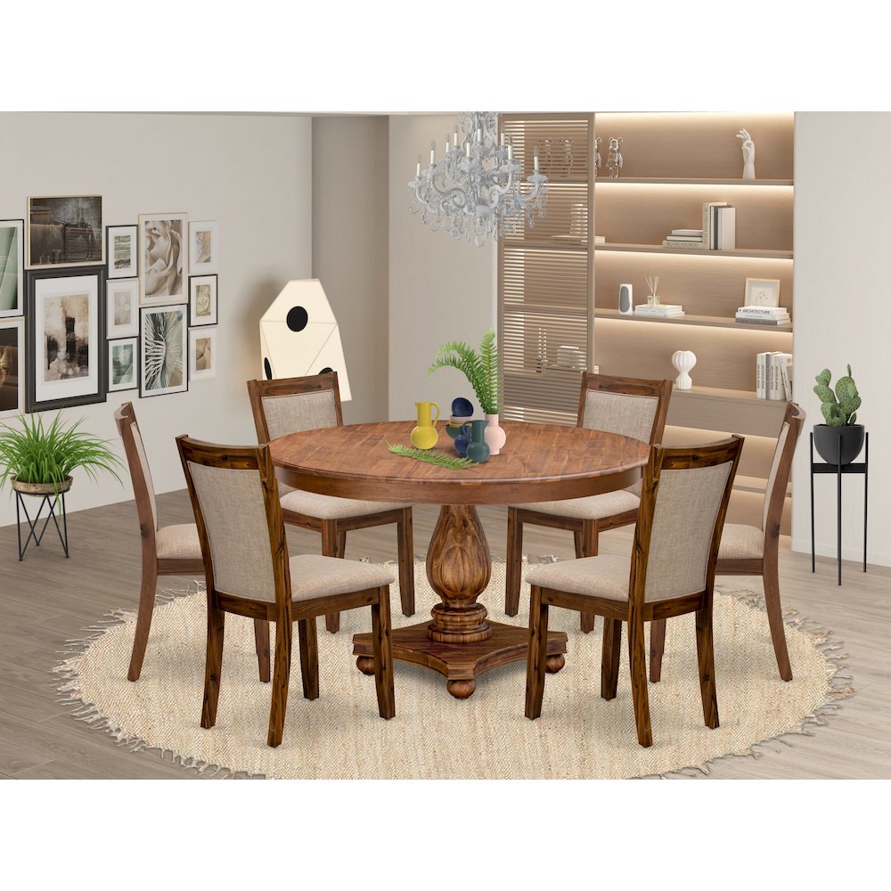 7-Pc Wooden Dining Set A Pedestal Table, 6 Light Tan Linen Fabric Parson Chairs. Picture 2