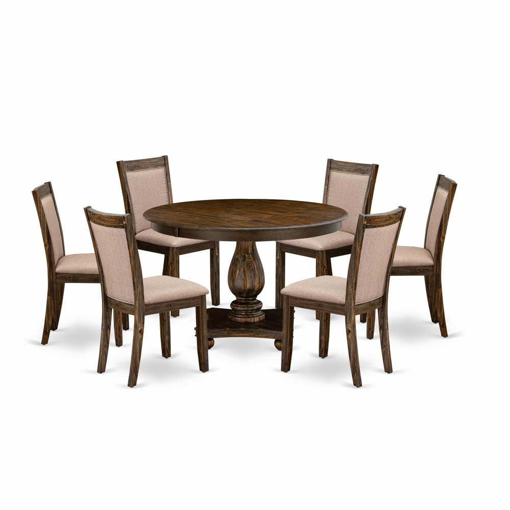 East West Furniture 7 Piece Dinner Table Set Includes a Dining Table and 6 Dark Khaki Linen Fabric Dining Chairs with High Back - Distressed Jacobean Finish. Picture 1
