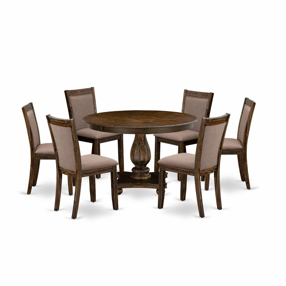 East West Furniture 7-Pc Table Set - Dining Table and 6 Coffee Color Parson Dining Chairs with High Back - Distressed Jacobean Finish. Picture 1