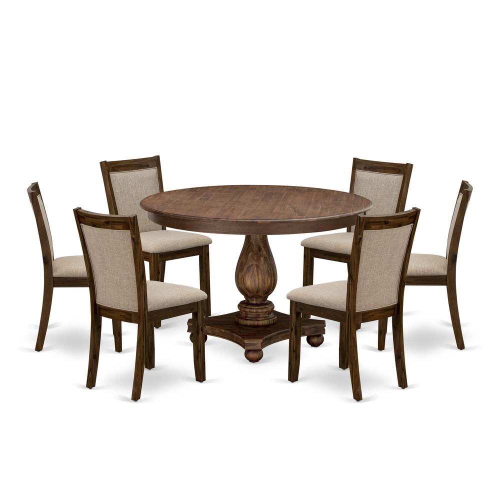 F2MZ7-N04 7-Pc Modern Dining Set - Wooden Pedestal Table and 6 Light Tan Parson Chairs with High Back - Antique Walnut Finish. Picture 1