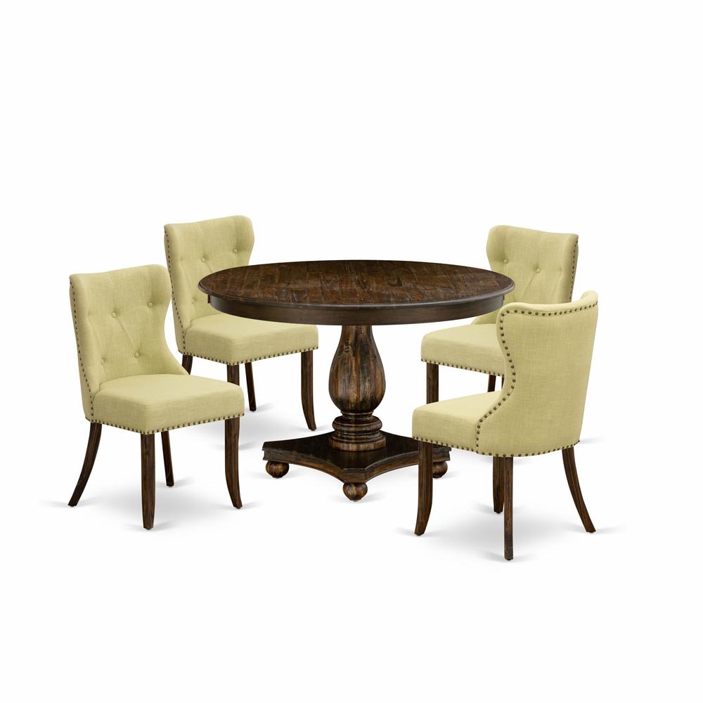East West Furniture 5-Piece Kitchen Table Set - Pedestal Dining Table and 4 Limelight Color Parson Dining Room Chairs with Button Tufted Back - Distressed Jacobean Finish. Picture 1