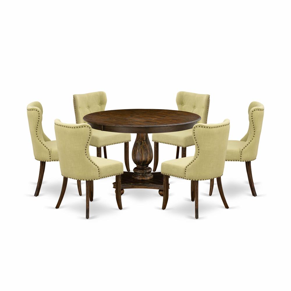 East West Furniture 7-Piece Pedestal Dinette Set - Round Dining Room Table and 6 Limelight Color Parson Wood Dining Chairs with Button Tufted Back - Distressed Jacobean Finish. Picture 1