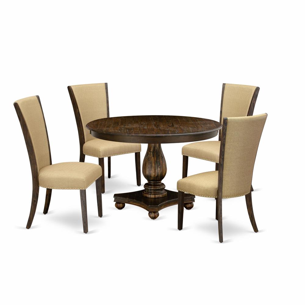 East West Furniture 5-Piece Modern Dining Set - Pedestal Dining Table and 4 Brown Color Parson Dining Chairs with High Back - Distressed Jacobean Finish. Picture 1