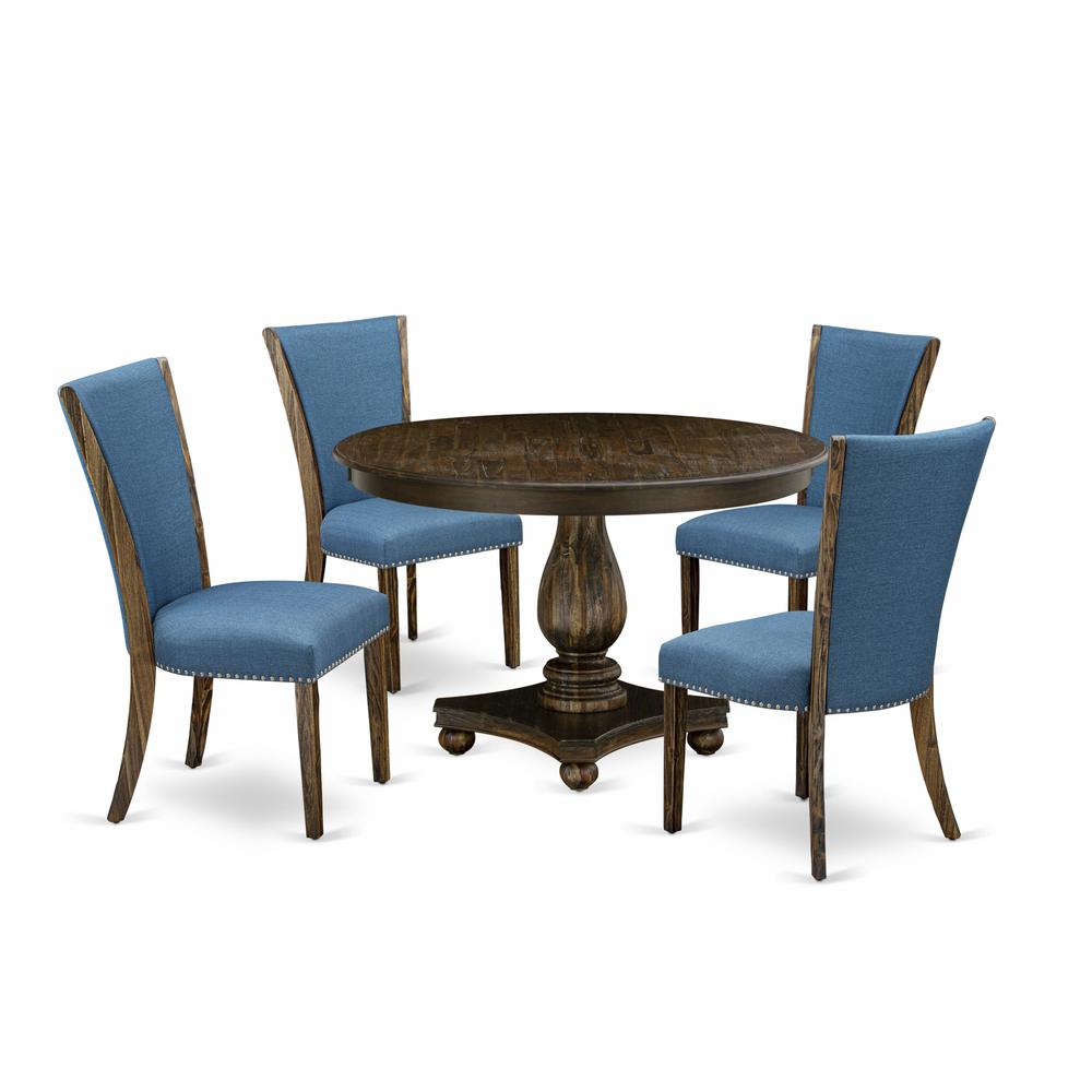 East West Furniture 5-Piece Modern Dining Set - Pedestal Dinning Table and 4 Blue Color Parson Dining Room Chairs with High Back - Distressed Jacobean Finish. Picture 1