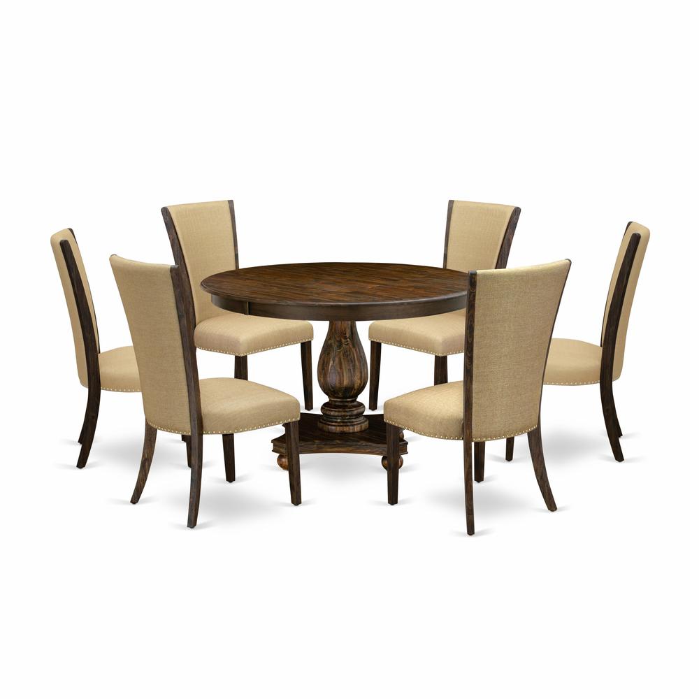 East West Furniture 7-Piece Modern Dining Set - Pedestal Dining Table and 6 Brown Color Parson Padded Chairs with High Back - Distressed Jacobean Finish. Picture 1