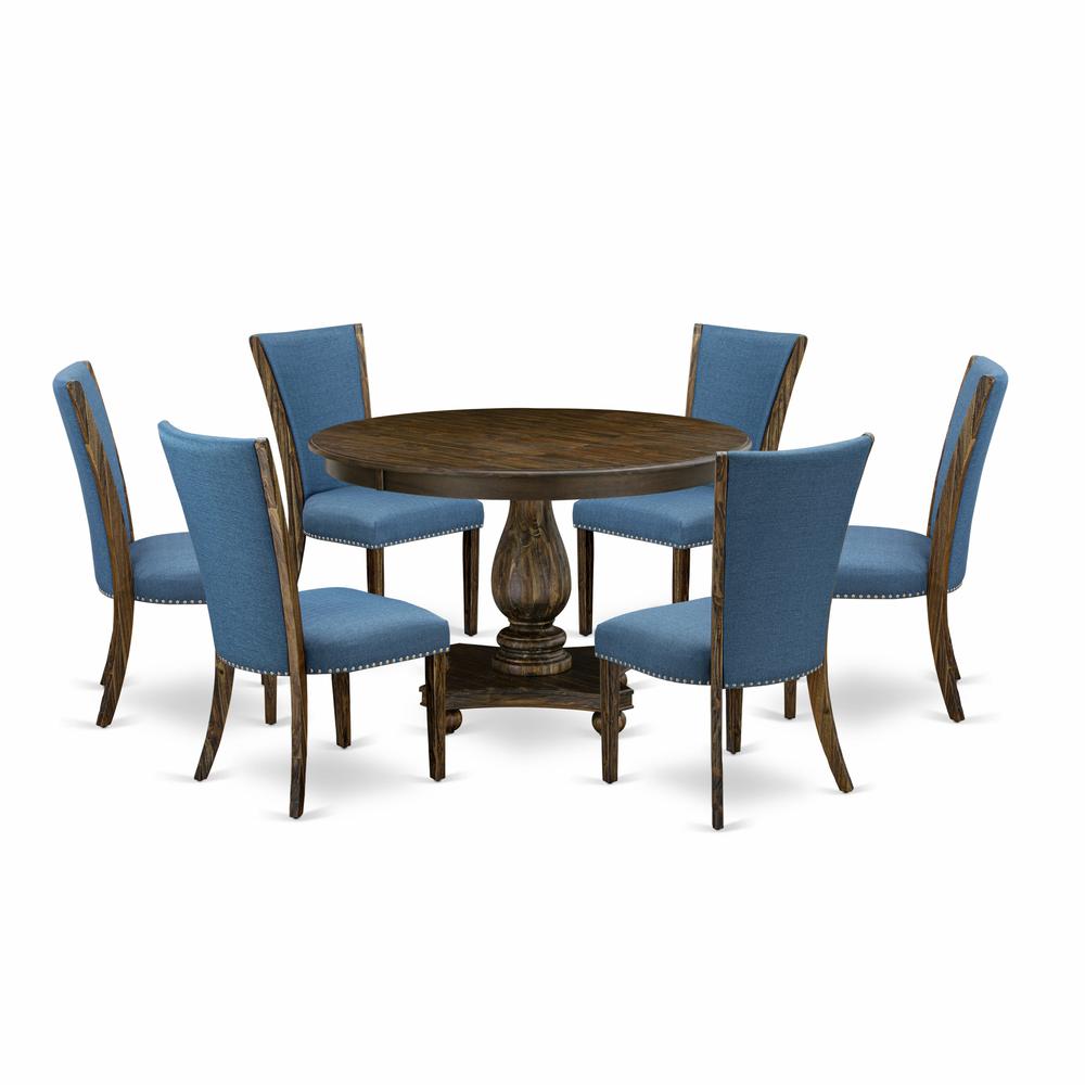 East West Furniture 7-Pc Kitchen Table Set - Pedestal Dining Table and 6 Blue Color Parson Kitchen Chairs with High Back - Distressed Jacobean Finish. Picture 1