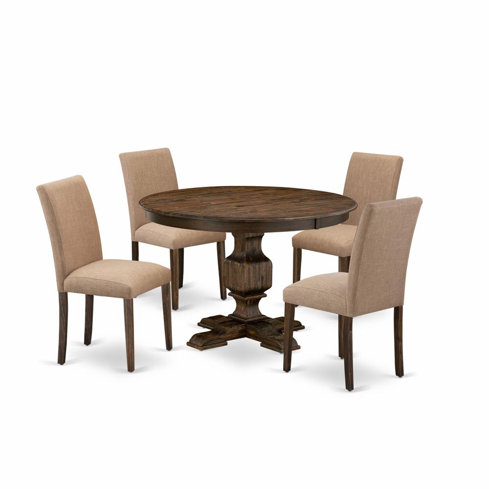 East West Furniture 5 Piece Dining Set Consists of a Mid Century Dining Table and 4 Light Sable Linen Fabric Upholstered Chairs with High Back - Distressed Jacobean Finish. Picture 1