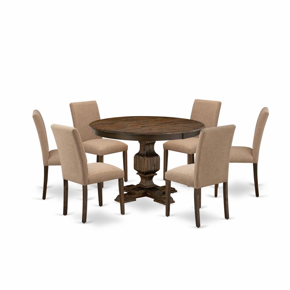 East West Furniture 7 Piece Dining Room Table Set Contains a Wooden Dining Table and 6 Light Sable Linen Fabric Kitchen Chairs with High Back - Distressed Jacobean Finish. Picture 1