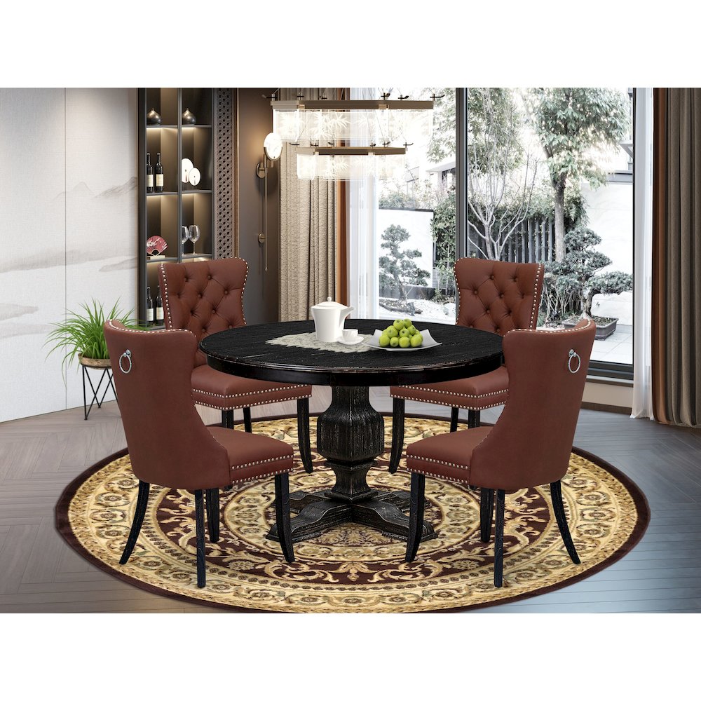 5 Piece Dining Table Set Includes 48" Round Table In Burgandy Color. Picture 2