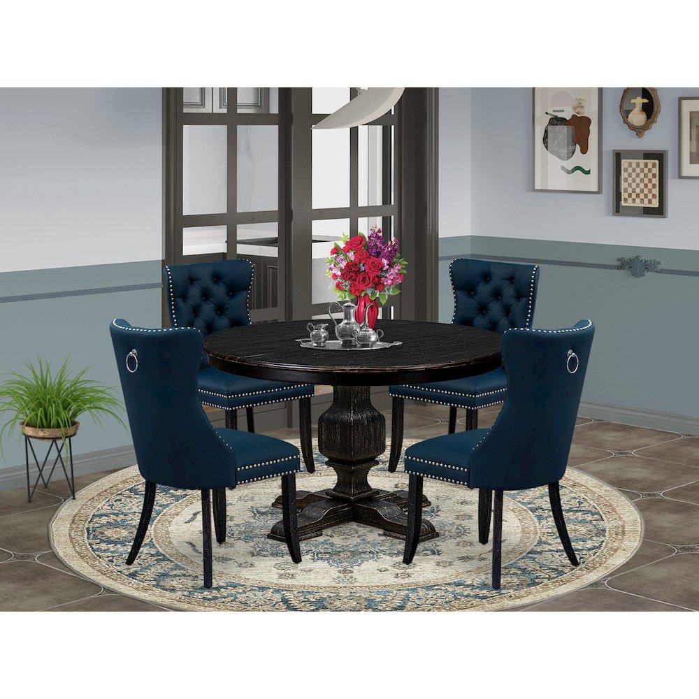 5 Piece Dining Table Set Contains 48" Round Table In Navy Blue Color. Picture 2