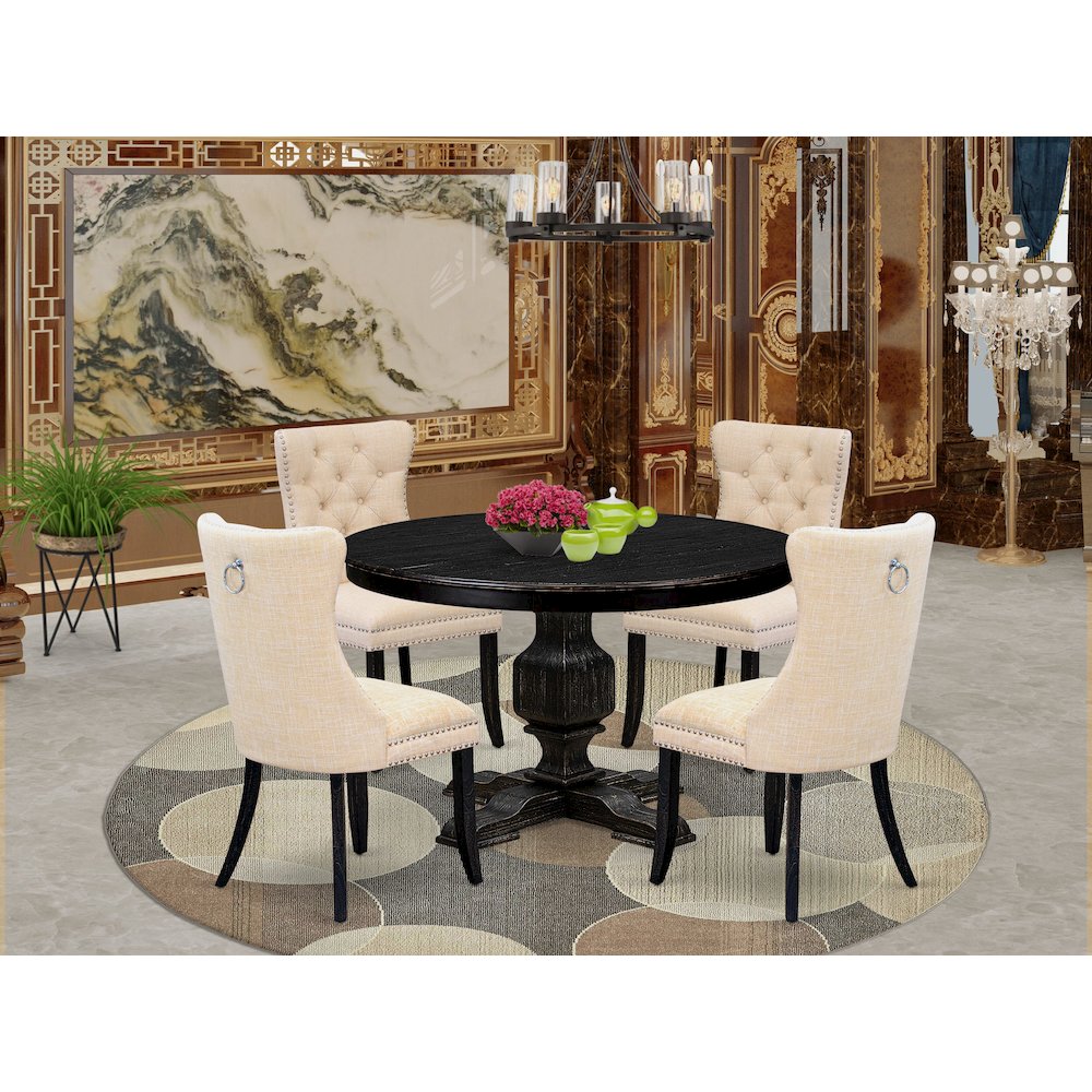5-Piece Dining Set Of A Wood Table, 4 Light Beige Linen Fabric Dinner Chair. Picture 2