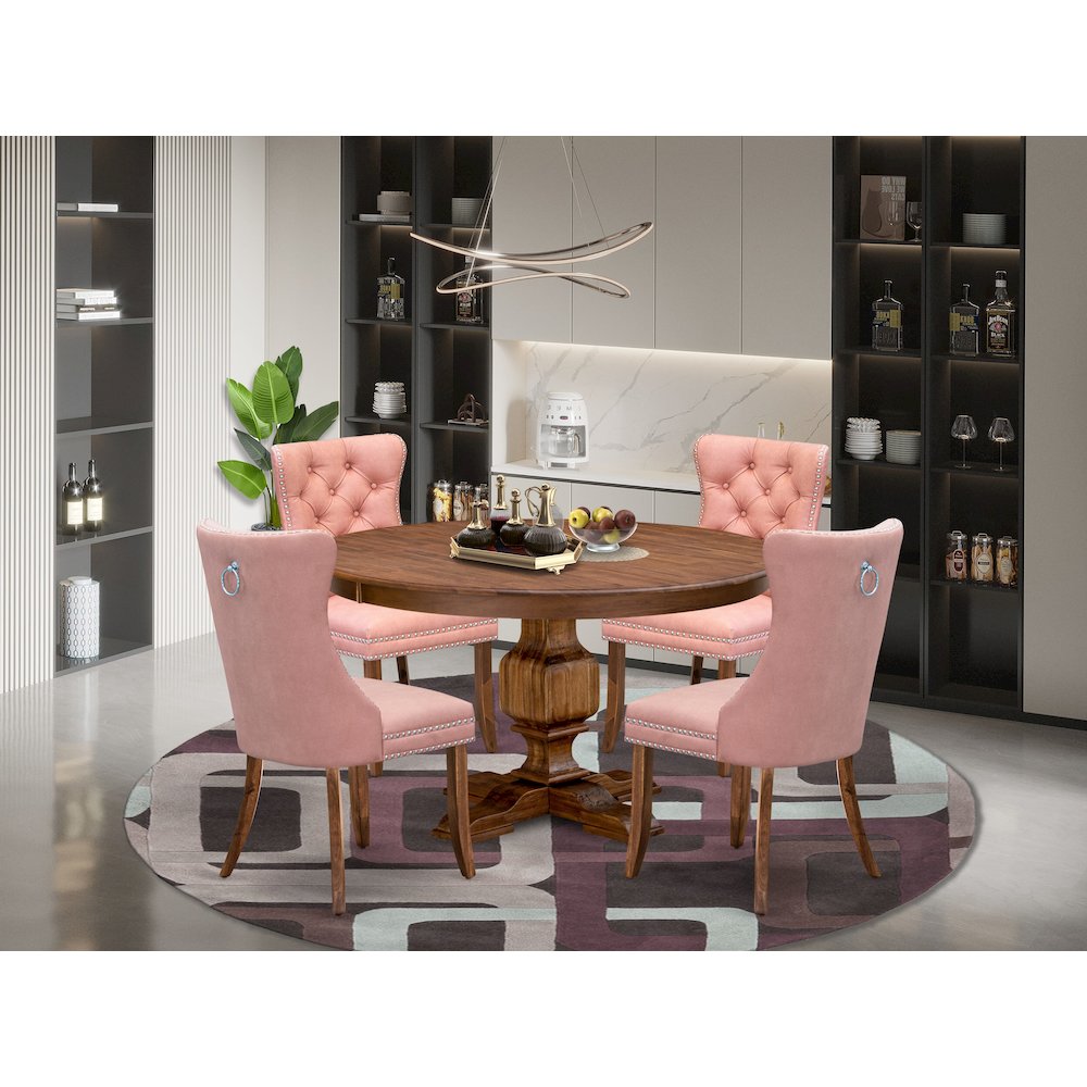 5-Pc Dining Room Table Set Include A Round Table And 4 Beige Red Parsons Chairs. Picture 2