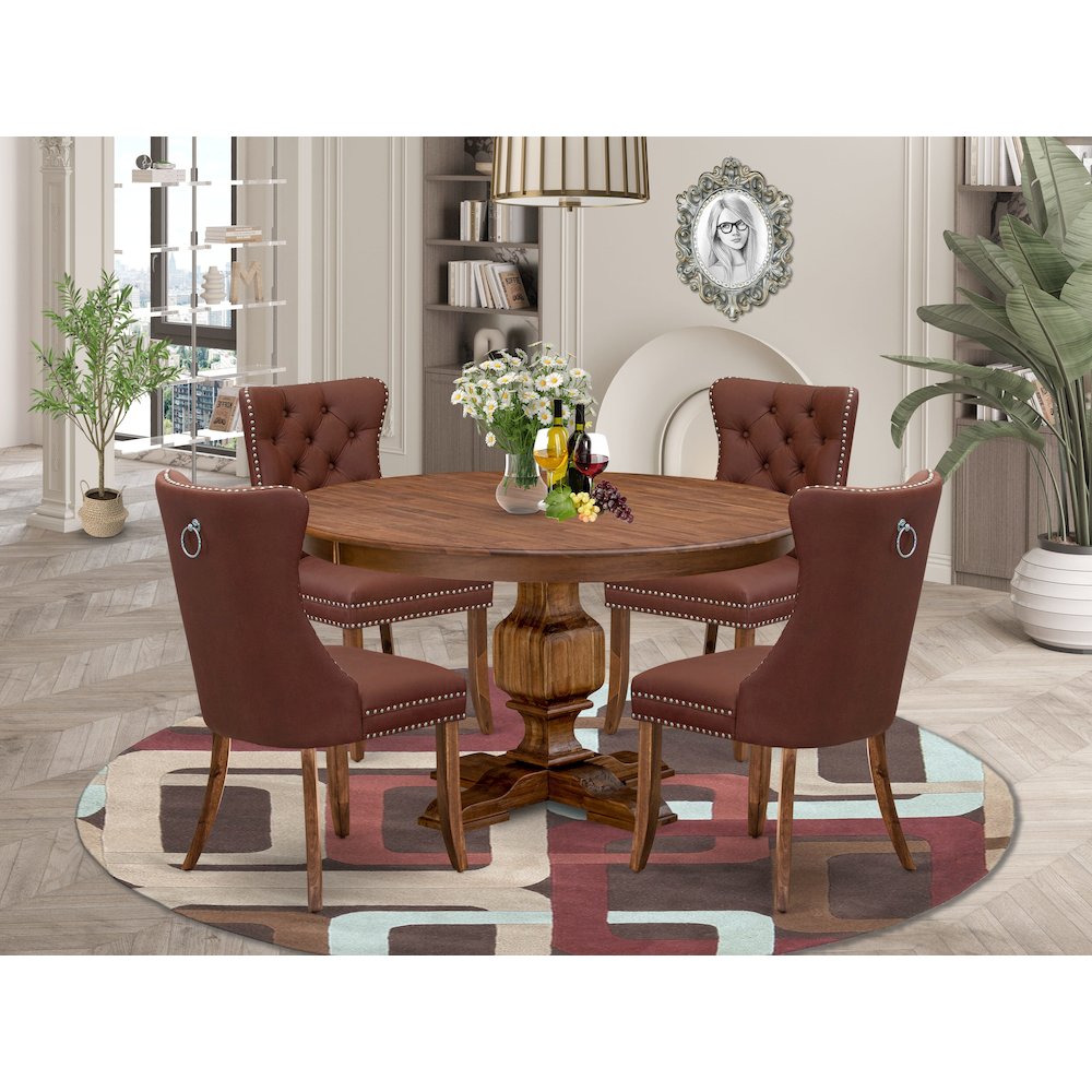 5-Pc Dining Room Set Include A Round Table And 4 Burgundy Upholstered Chairs. Picture 2