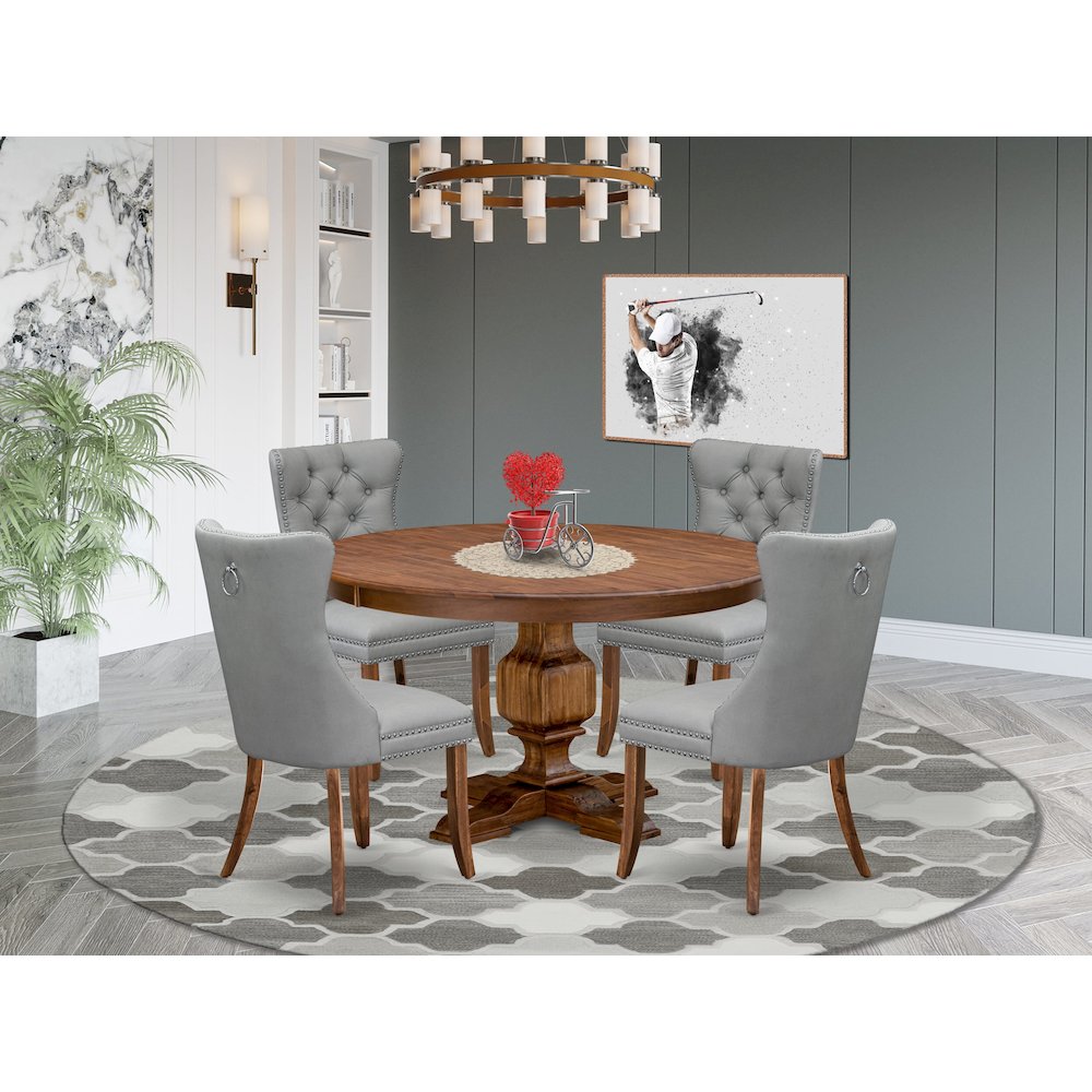 5-Pc Mid Century Dining Set Include A Round Table And 4 Light Gray Parson Chairs. Picture 2