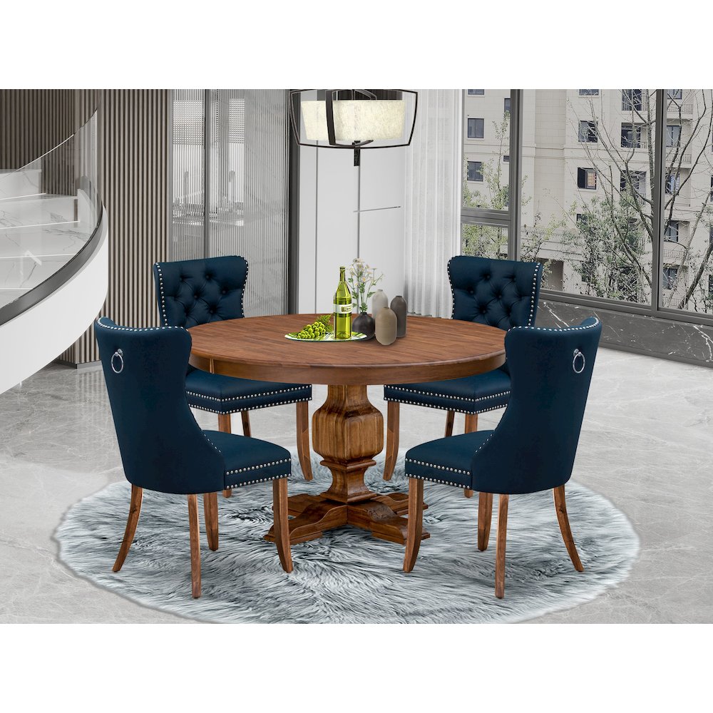 5-Pc Dining Table Set Include A Round Dining Table And 4 Navy Blue Dining Chairs. Picture 2