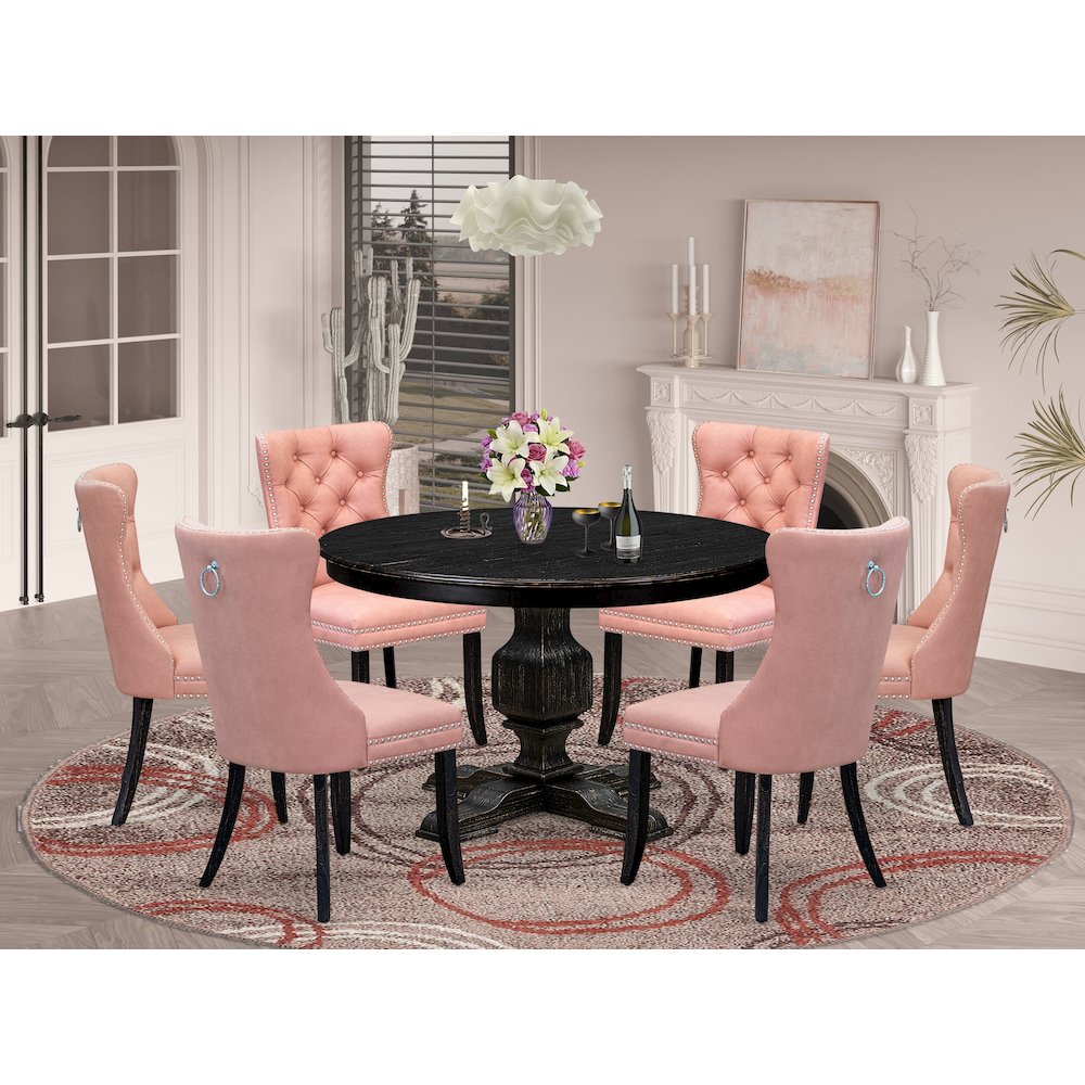 7 Piece Dining Set Consists Of 48" Round Table In Beige Red Color. Picture 2