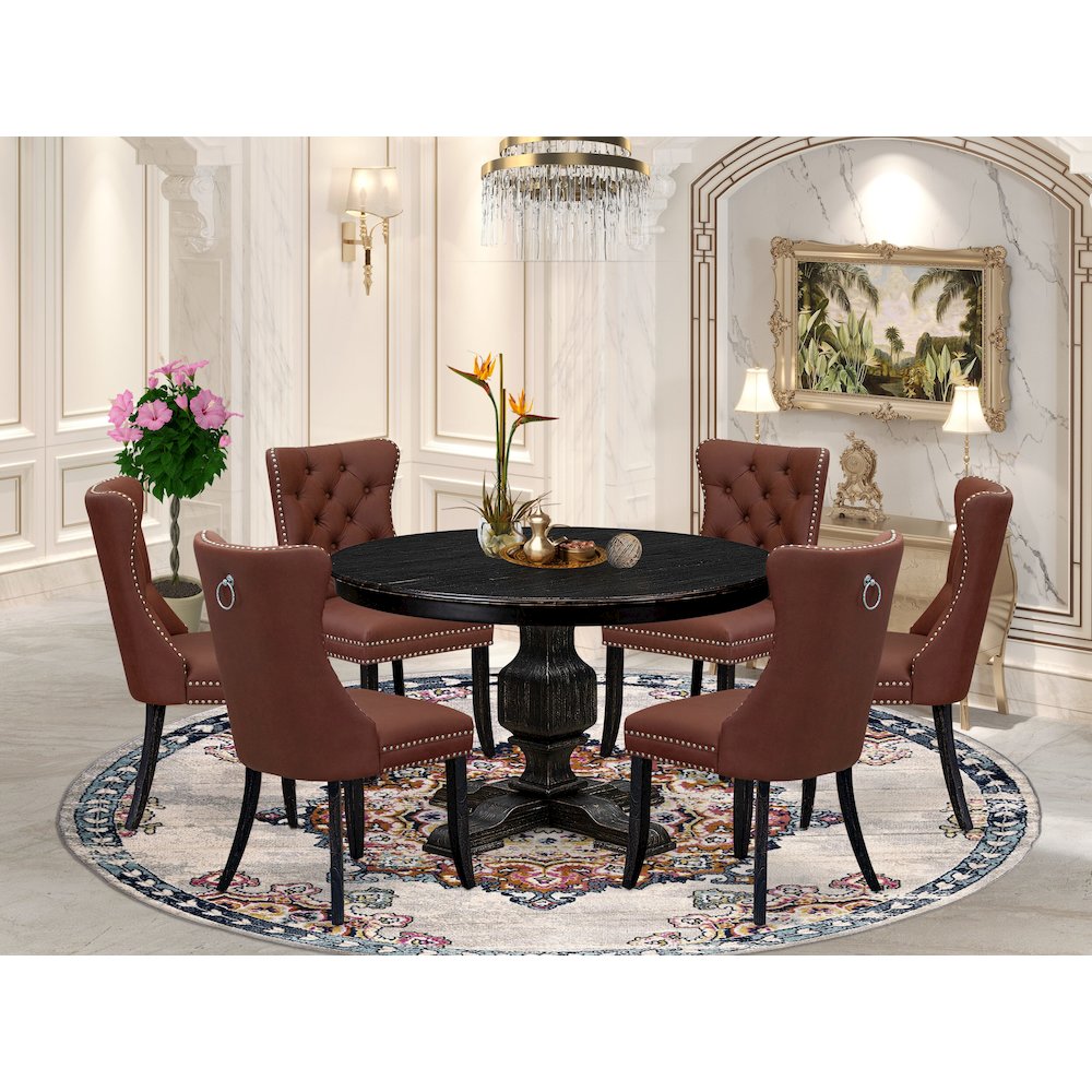 7 Piece Dining Table Set Consists Of 48" Round Table In Burgandy Color. Picture 2