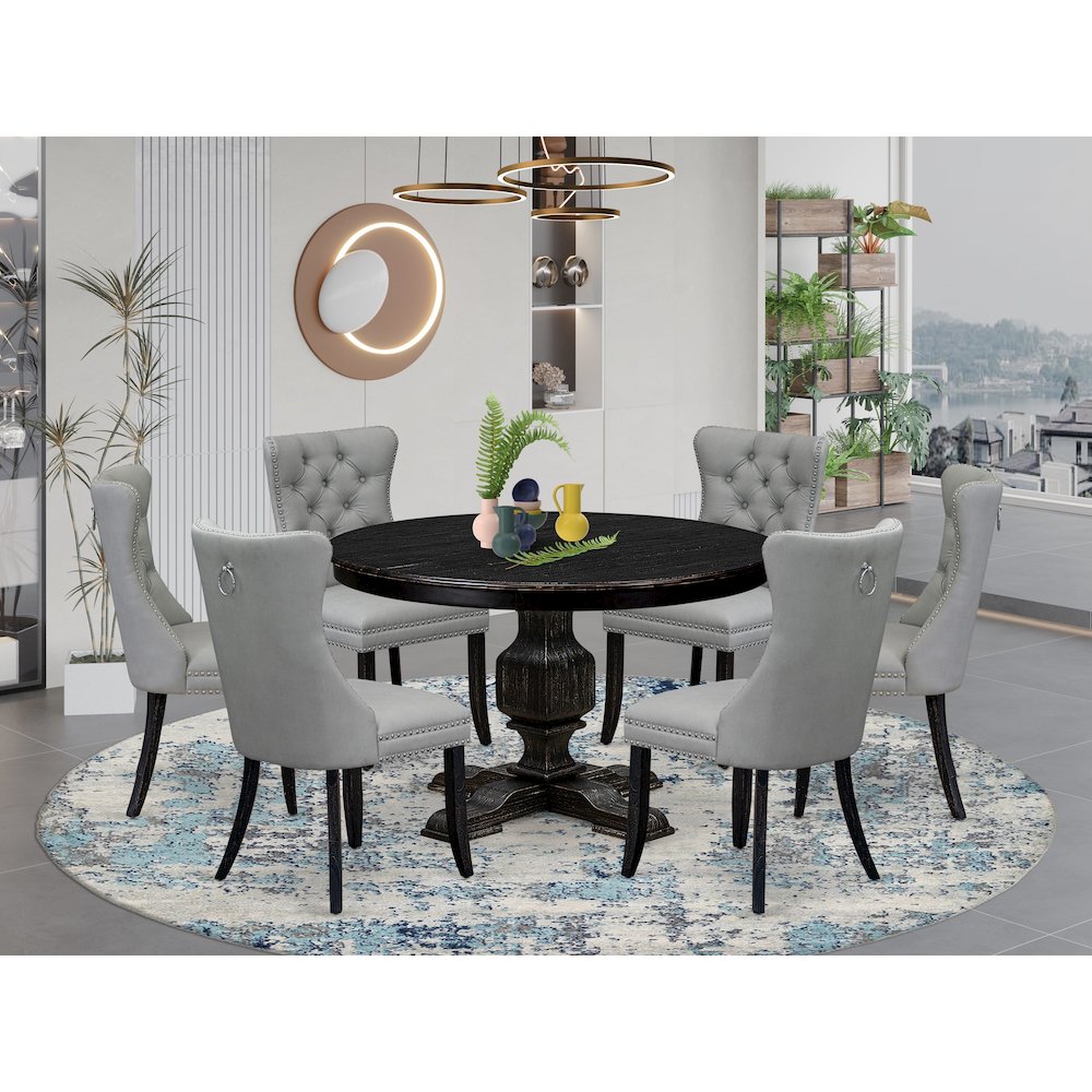 7 Piece Dining Table Set Consists Of 48" Round Table In Light Gray Color. Picture 2