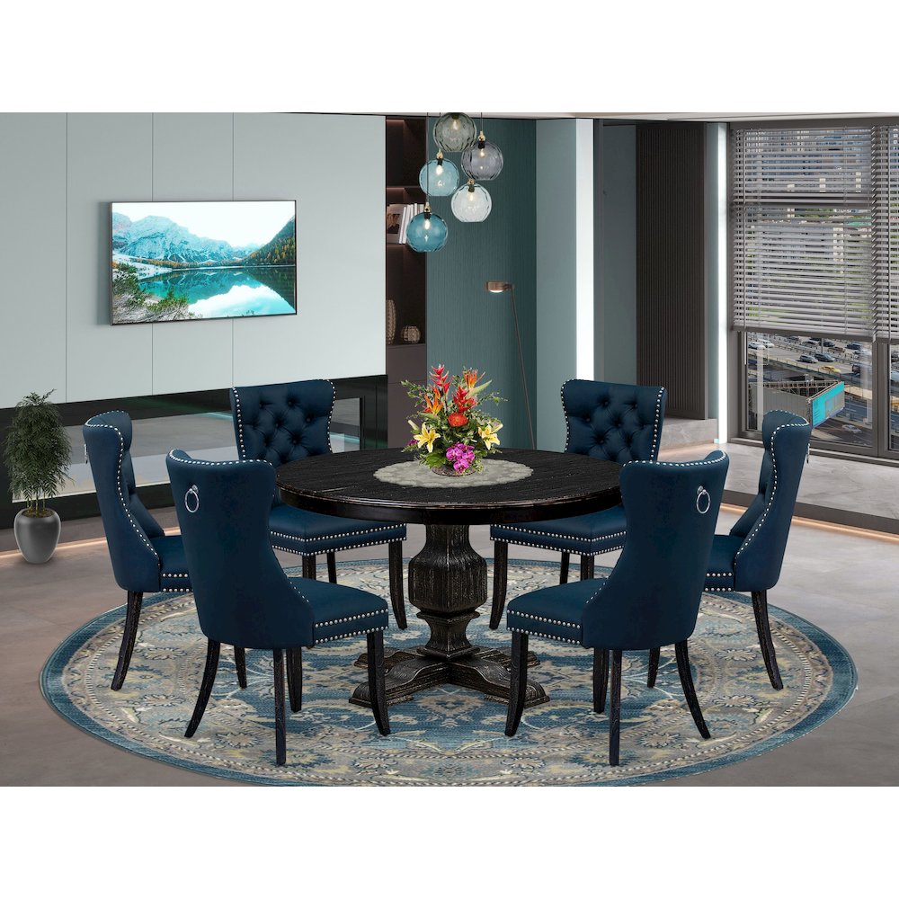 7 Piece Dining Table Set Includes 48" Round Table In Navy Blue Color. Picture 2