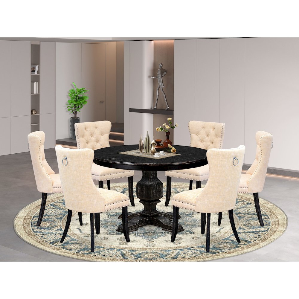 7-Pc Dining Table Set A Wooden Table, 6 Light Beige Linen Fabric Kitchen Chair. Picture 2