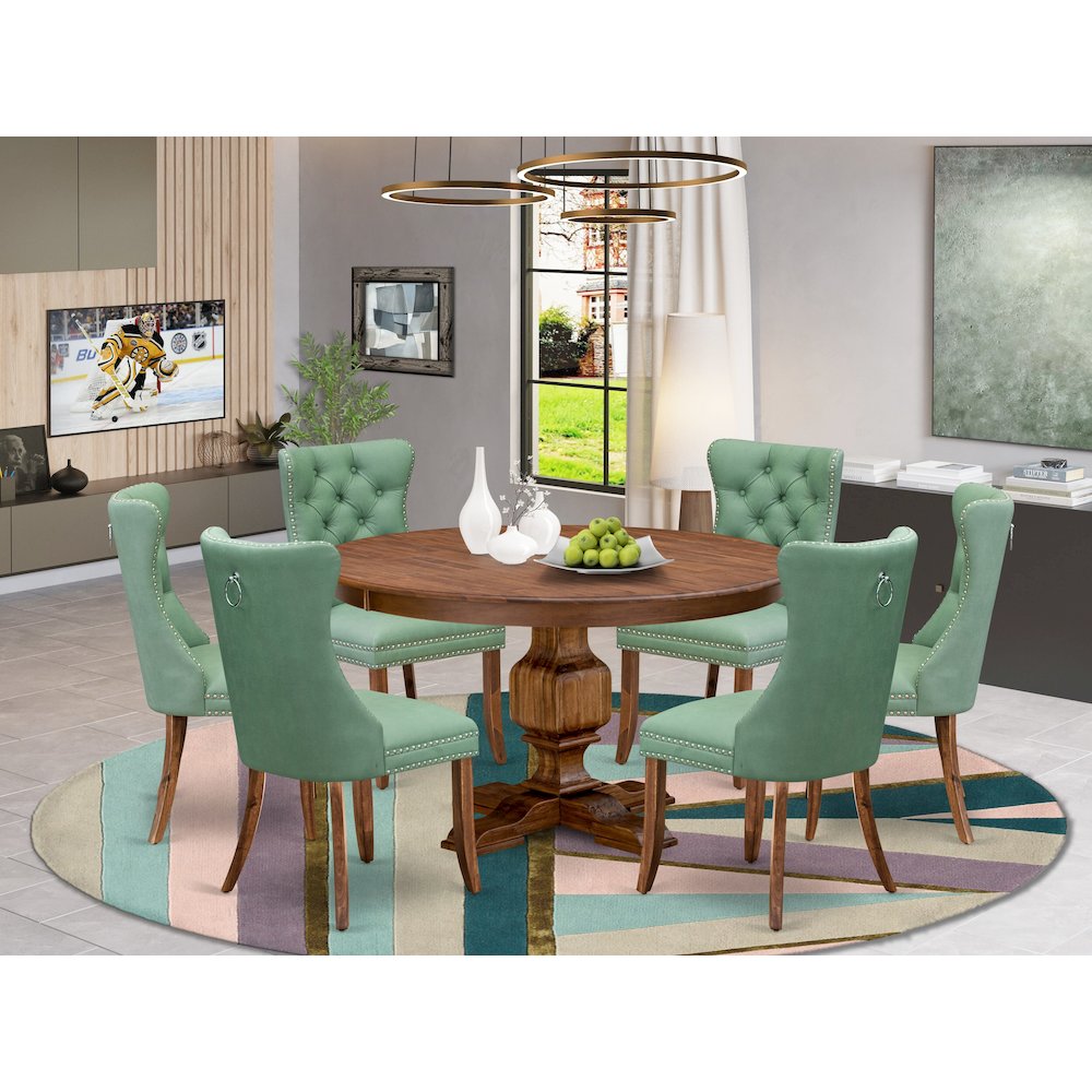 7-Piece Mid-Century Dining Table A Dining Table, 6 Willow Green Dinner Chairs. Picture 2