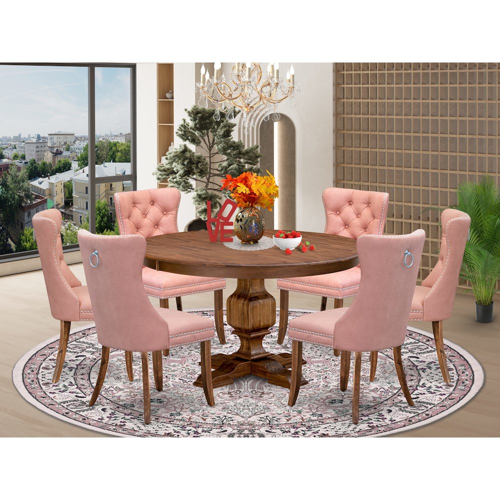 7-Pc Kitchen Set Consist A Mid Century Table And 6 Beige Red Upholstered Chairs. Picture 2