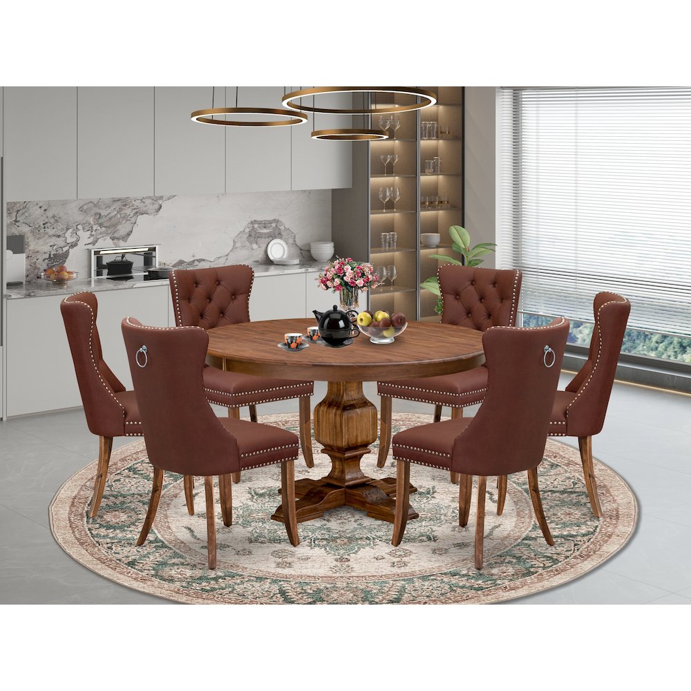7-Pc Dining Table Set Consist A Mid Century Table And 6 Burgundy Parson Chairs. Picture 2