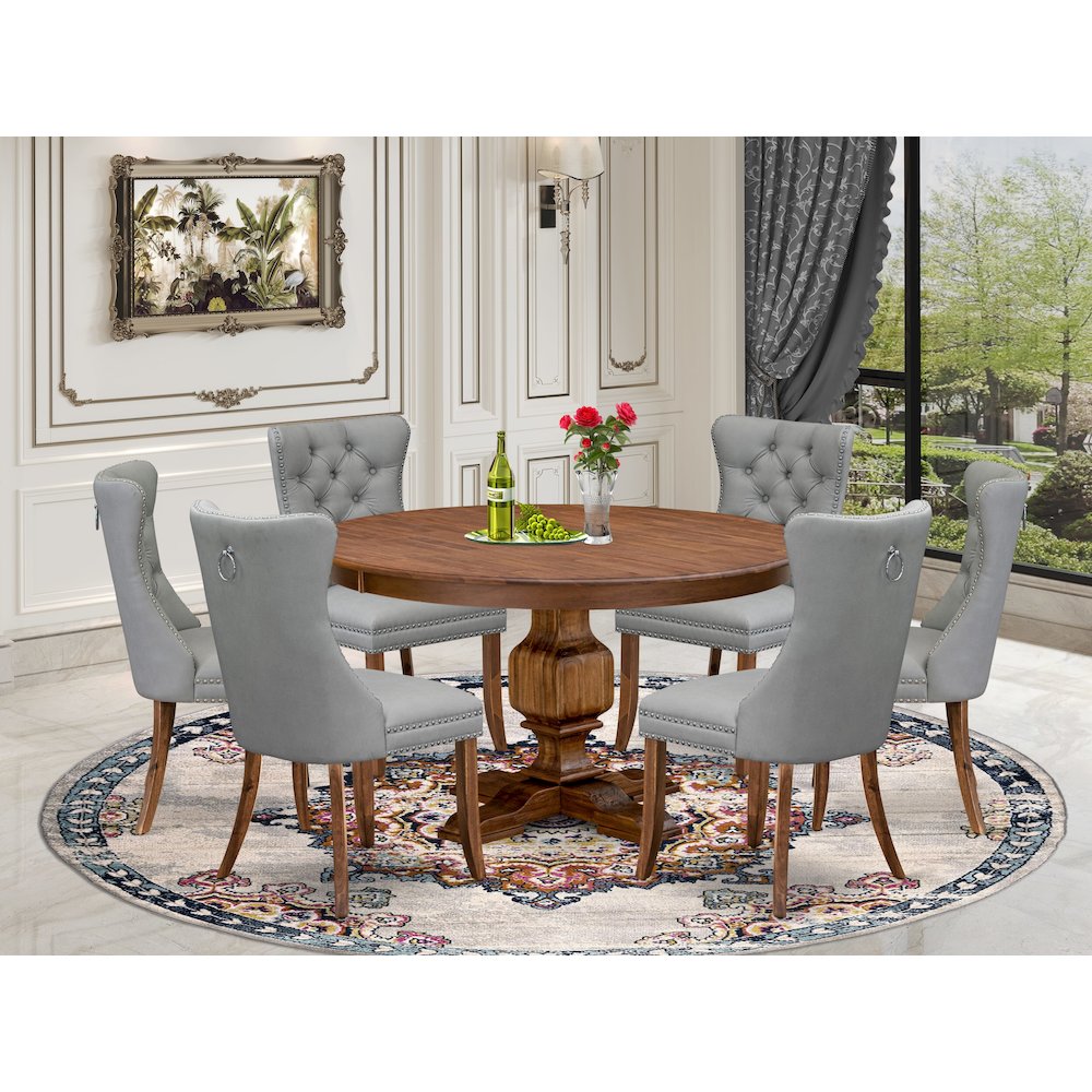 7-Pc Mid Century Dining Set Consist A Table And 6 Light Gray Upholstered Chairs. Picture 2