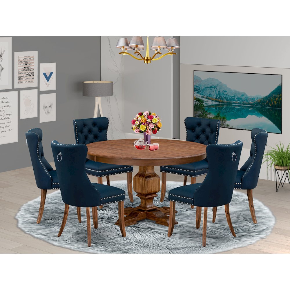 7-Pc Dinner Table Set Consist A Mid Century Table And 6 Navy Blue Parsons Chairs. Picture 2
