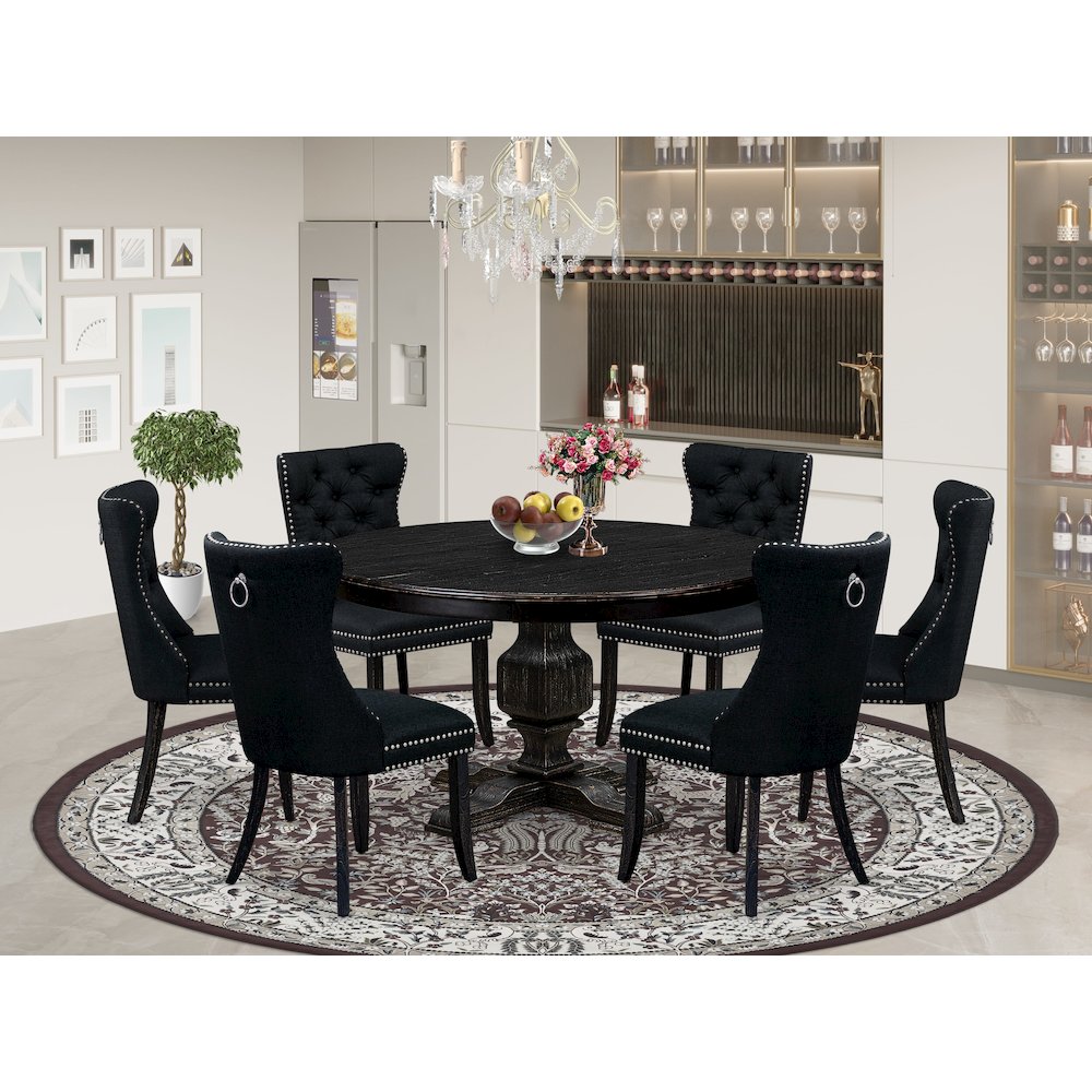 7 Piece Kitchen Table Set Contains 54" Round Table In Black Color. Picture 2