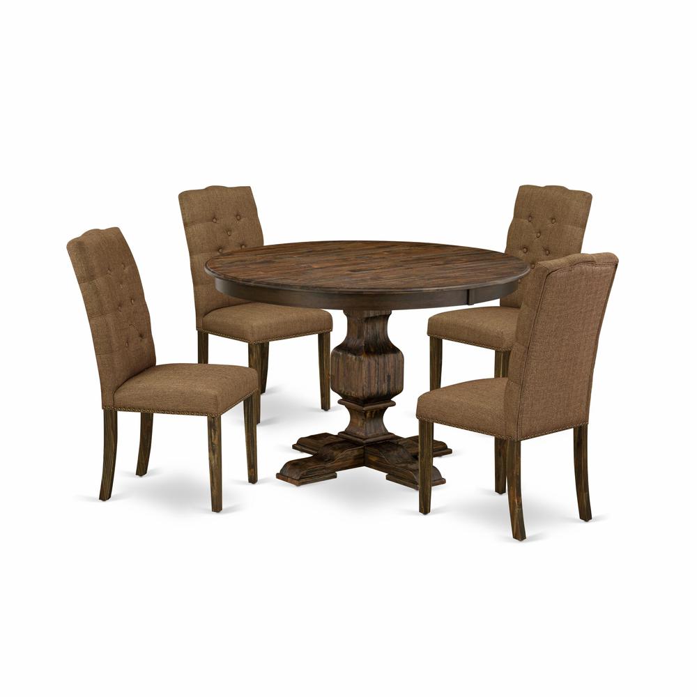 East West Furniture 5 Piece Dining Set Contains a Modern Dining Table and 4 Brown Linen Fabric Dining Chairs with Button Tufted Back - Distressed Jacobean Finish. Picture 1