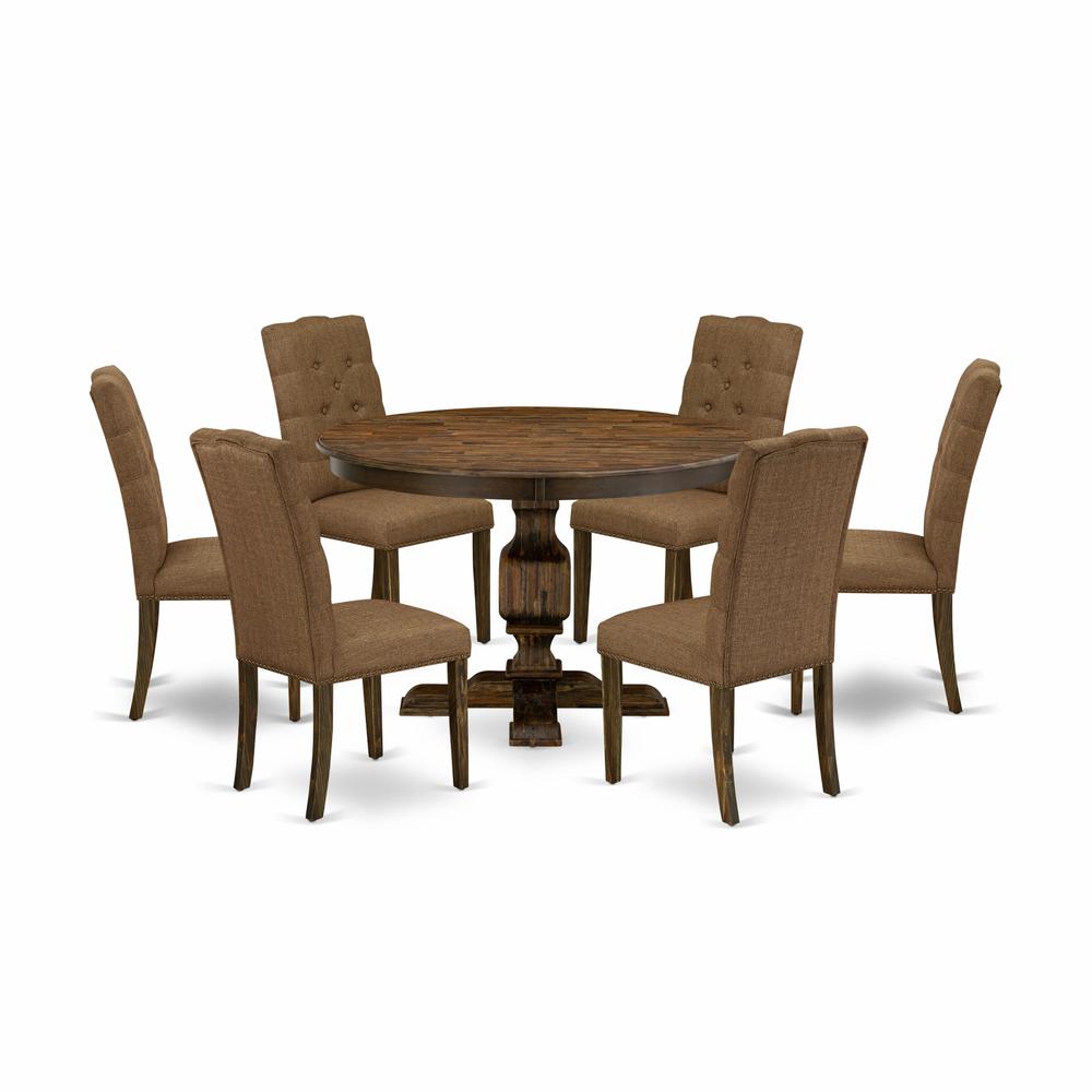 East West Furniture 7 Piece Mid Century Modern Dining Set Includes a Dining Table and 6 Brown Linen Fabric Dining Chairs with Button Tufted Back - Distressed Jacobean Finish. Picture 1