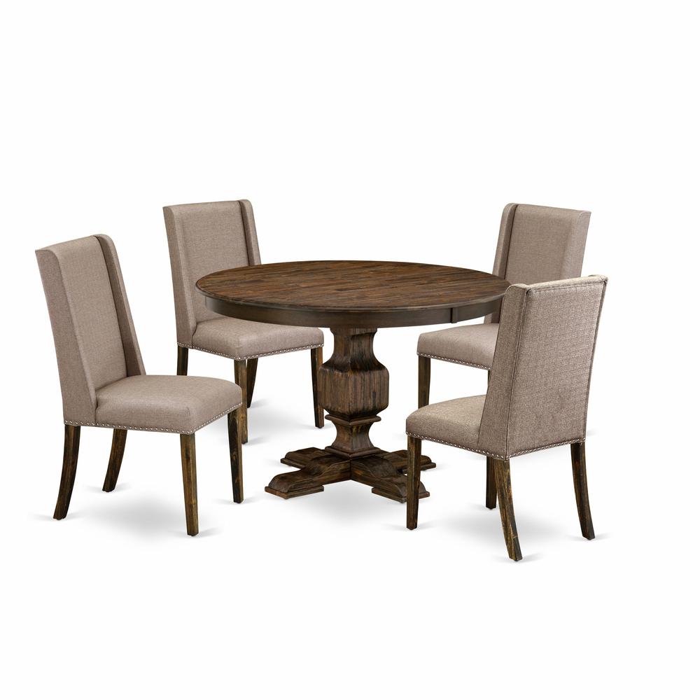 East West Furniture 5 Piece Dining Set Contains a Modern Dining Table and 4 Dark Khaki Linen Fabric Modern Dining Chairs with High Back - Distressed Jacobean Finish. Picture 1