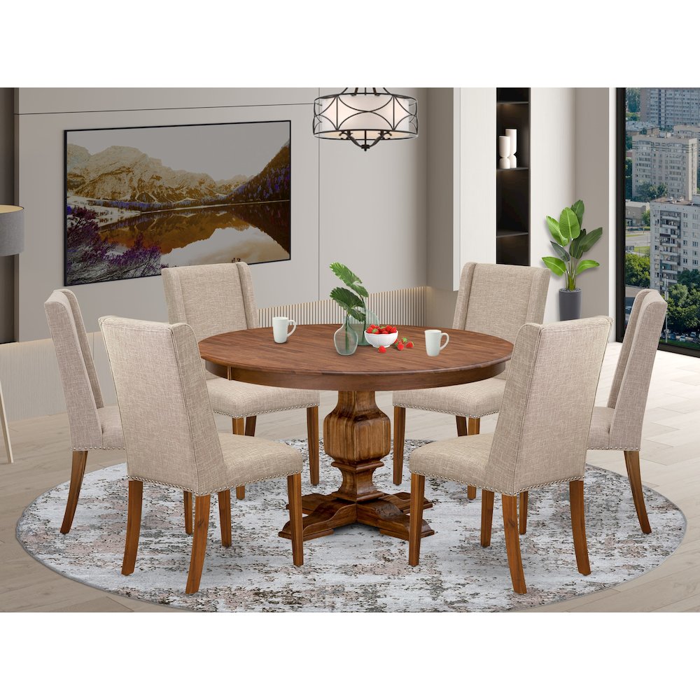 7-Pc Dining Set Of A Modern Kitchen Table, 6 Light Tan Fabric Dining Room Chairs. Picture 2