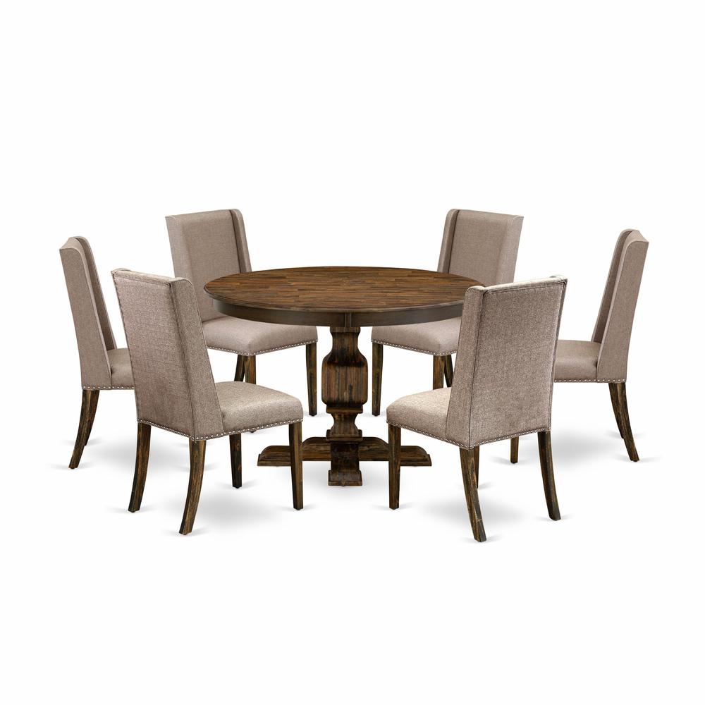 East West Furniture 7 Piece Dining Table Set Contains a Wooden Dining Table and 6 Dark Khaki Linen Fabric Dining Room Chairs with High Back - Distressed Jacobean Finish. Picture 1