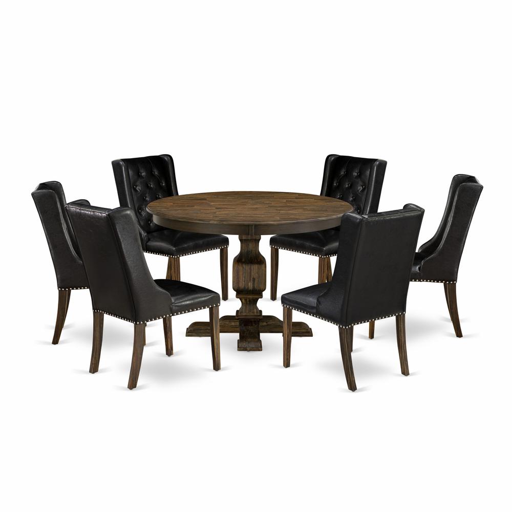 East West Furniture 7 Piece Kitchen Dining Table Set Consists of a Dinner Table and 6 Black PU Leather Dining Room Chairs with Button Tufted Back - Distressed Jacobean Finish. Picture 1