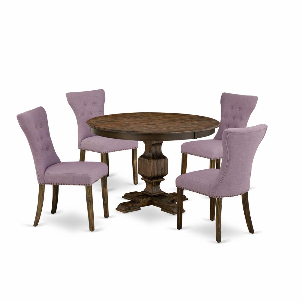 East West Furniture 5 Piece Dining Room Table Set Contains a Dinner Table and 4 Dahlia Linen Fabric Upholstered Chairs with Button Tufted Back - Distressed Jacobean Finish. Picture 1