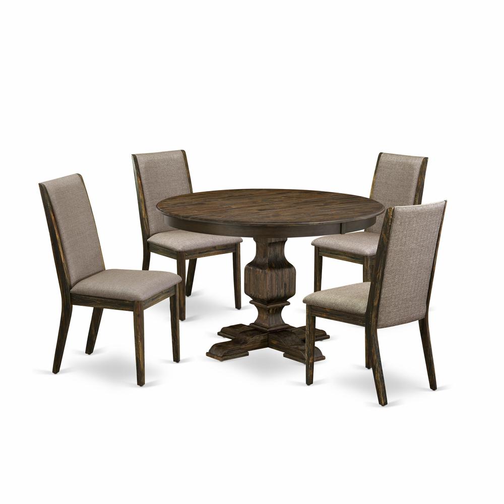 East West Furniture 5 Piece Modern Dining Set Consists of a Modern Kitchen Table and 4 Dark Khaki Linen Fabric Mid Century Modern Dining Chairs with High Back - Distressed Jacobean Finish. Picture 1